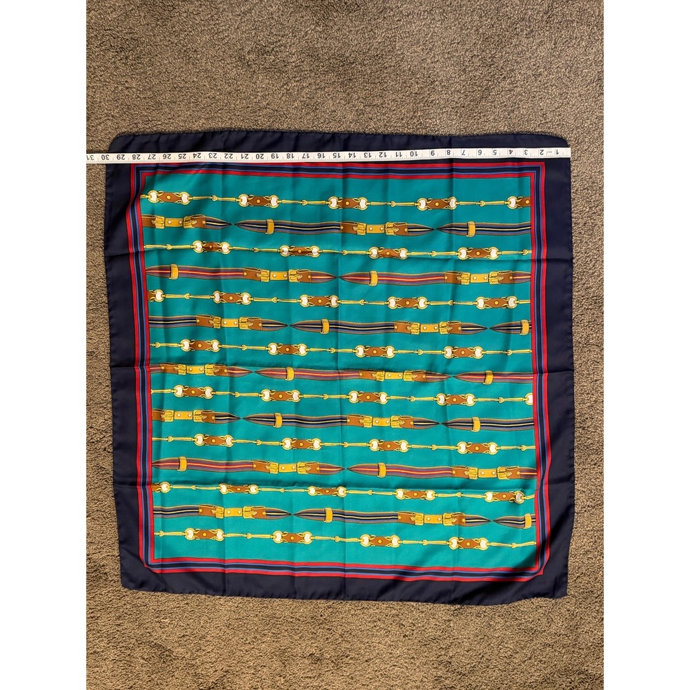 Vintage Style Equestrian Belt Chain Print Square Scarf Teal Navy 31x31